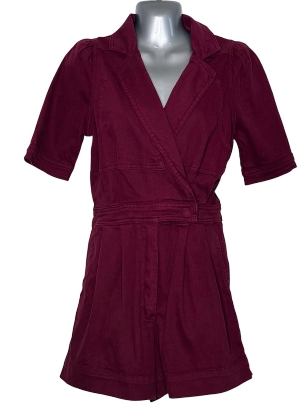 day + moon Burgundy Romper Size Small – Faux Wrap Utility Romper Boho Chic
